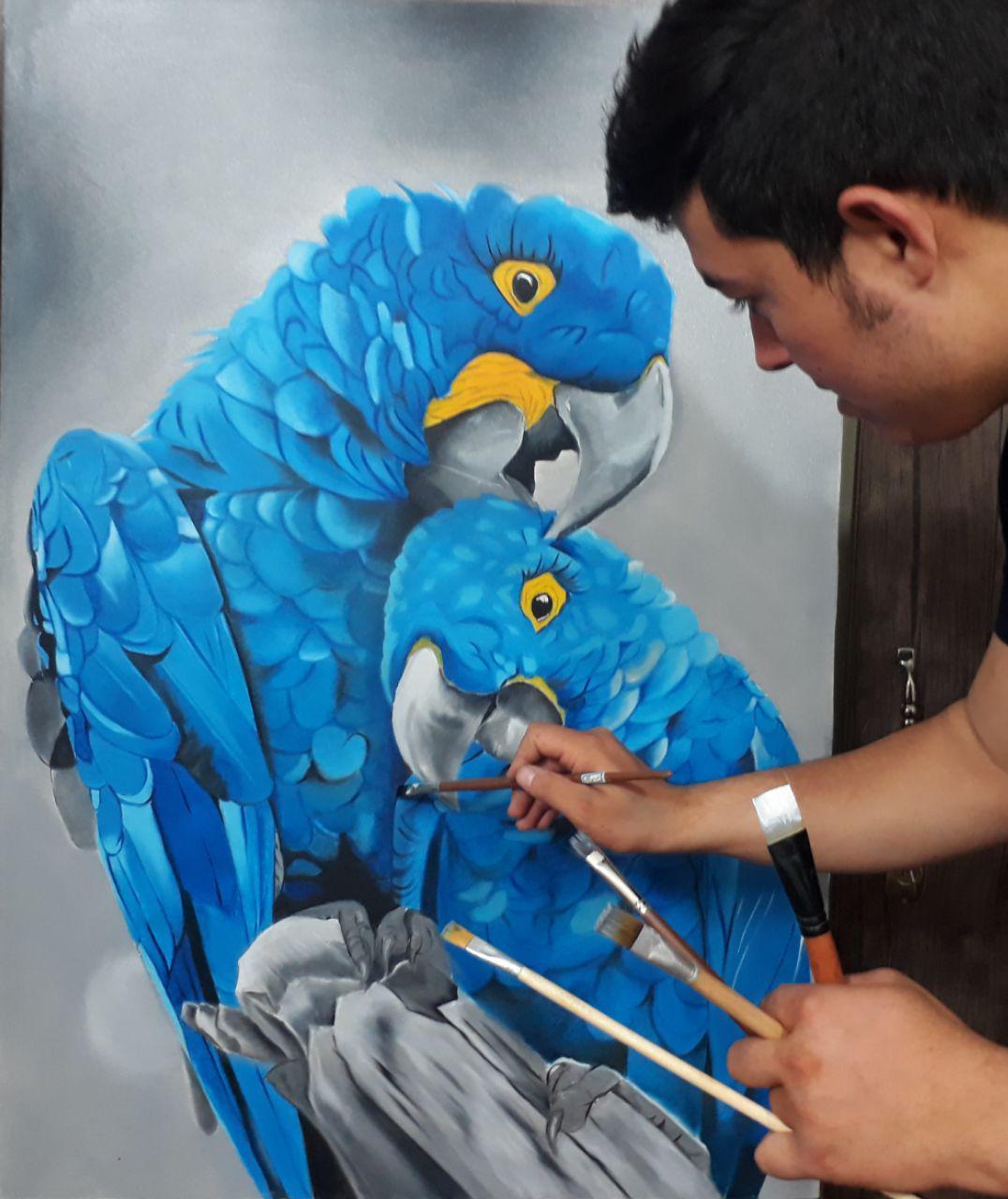 تابلو نقاشی رنگ روغن طوطی آبی با سبک رئال