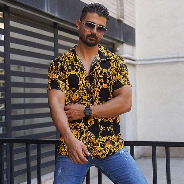 پیراهن هاوایی مشکی زرد مردانه مدل Florida