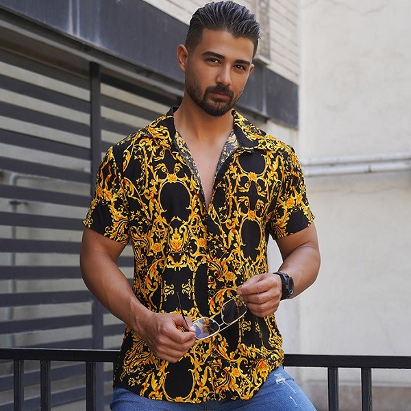 پیراهن هاوایی مشکی زرد مردانه مدل Florida