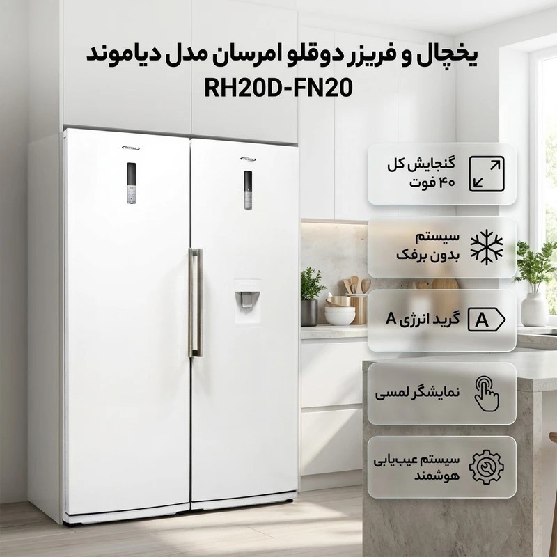 یخچال و فریزر دو قلو 40 فوت امرسان مدل دیاموند رنگ تیتانیوم و سفید