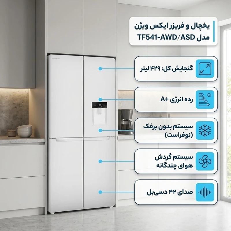 یخچال و فریزر سایدبای ساید 28فوت ایکس ویژن رنگبندی استیل و سفید به همراه بیمه کالا